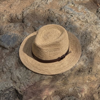 Stråhatt - Gårda Funchal Raffia Fedora (ljus natur/mörkbrun)
